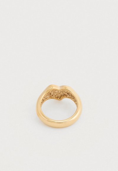 Arany gyűrű, sima, lekerekített külsővel és részletesen mintázott belsővel. A design egyedi, felső részén elválasztott mintázattal rendelkezik.