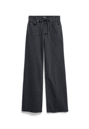 Zwarte denim broek met wijde pijpen en een gestructureerde afwerking, voorzien van een verstelbare tailleband en voorzakken. Eenvoudig ontwerp met strakke lijnen.