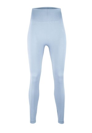 Lyseblå leggings lavet af strækbart stof, med en høj talje og en glat tekstur uden mønstre eller dekorative elementer.