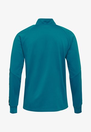 Teal langærmet træningsshirt i struktureret stof, med hævet krave og ribbede manchetter. Har sømdetaljer langs skuldrene.