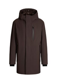Dunkelbrauner, gefütterter Wintermantel mit Frontreißverschluss, Brusttasche und langen Ärmeln mit inneren Bündchen, entworfen für kaltes Wetter.