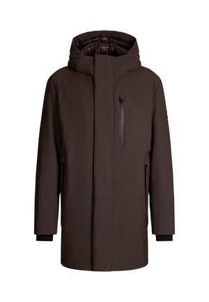 Donkerbruine winterjas met capuchon, voorzijde met rits, borstzak en lange mouwen met binnenmanchetten, ontworpen voor koud weer.