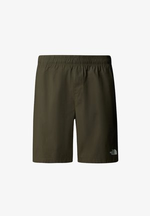 Olive green cargo shorts with an elastic waistband and drawstring, featuring a small logo on the lower right side. Smooth, lightweight fabric.