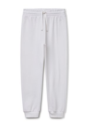 Pantalons de survêtement blancs en coton avec une taille élastique, cordon de serrage ajustable et poignets côtelés. Texture lisse, design tapered, sans motifs visibles.