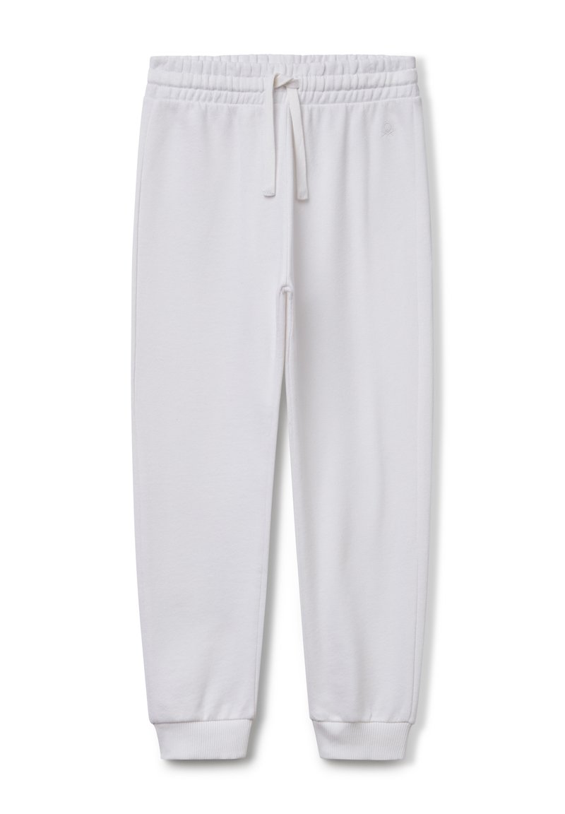 Witte katoenen sweatpants met een elastische tailleband, verstelbaar trekkoord en geribbelde manchetten. Glad textuur, taps toelopend ontwerp, geen zichtbare patronen.