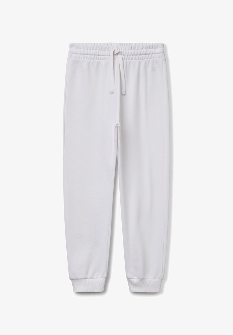 Witte katoenen sweatpants met een elastische tailleband, verstelbaar trekkoord en geribbelde manchetten. Glad textuur, taps toelopend ontwerp, geen zichtbare patronen.