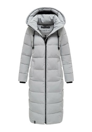 Long light gray padded winter coat with large hood, front zipper, side pockets, and black drawstring cords.