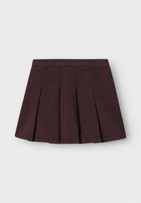 Gonna plisettata di un bordeaux scuro in tessuto strutturato, con vita dritta e orlo uniforme. Adatta per un abbigliamento casual.