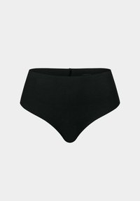 Schwarze hochgeschnittene Panty mit glatter Textur und nahtlosem Design, ausgestattet mit einem dezenten Logodetail am Bund.