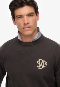 Felpa marrone scuro con scollo rotondo, caratterizzata da un logo beige chiaro sul petto. La texture sembra morbida, con una sensazione robusta.