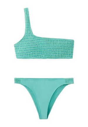 Bañador de dos piezas turquesa con top texturizado de un solo hombro y braguitas a juego con tiras laterales texturizadas.