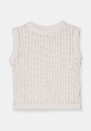 Top bianco senza maniche con texture a coste, caratterizzato da un colletto rotondo e un design a maglia aperta. Silhouette semplice e casual.