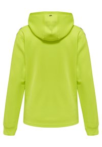 Hoodie in fel neon geel, met een zachte textuur, lange mouwen en een geribbelde zoom. Achteraanzicht met logo op de kraag.