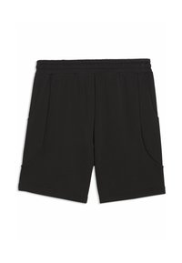 Shorts en coton noir avec une taille élastique, deux poches latérales et une coupe décontractée. Texture lisse et longueur jusqu'au genou.
