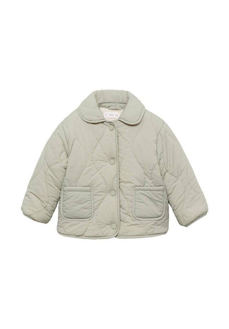 Bleda zelena prešita jakna z okroglim ovratnikom, dvema sprednjima žepoma in zapiranjem na gumb, predstavljena na ravni površini proti nevtralni ozadju.