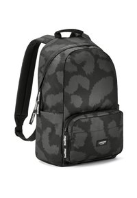 Čierny batoh s textúrovaným vzorom, ktorý má predné zipsové vrecko, polstrované popruhy a vrchnú rukoväť. Materiál je odolný polyester.