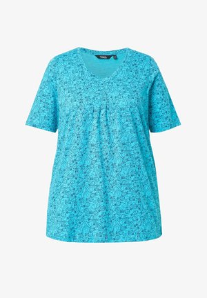 Maglietta blu a maniche corte con scollo a V, motivo floreale astratto nero e vestibilità ampia e rilassata.
