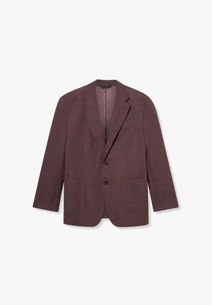 Blazer in lana color bordeaux con vestibilità sagomata, revers a lancia, due tasche frontali e chiusura con due bottoni. Interno con fodera a contrasto.
