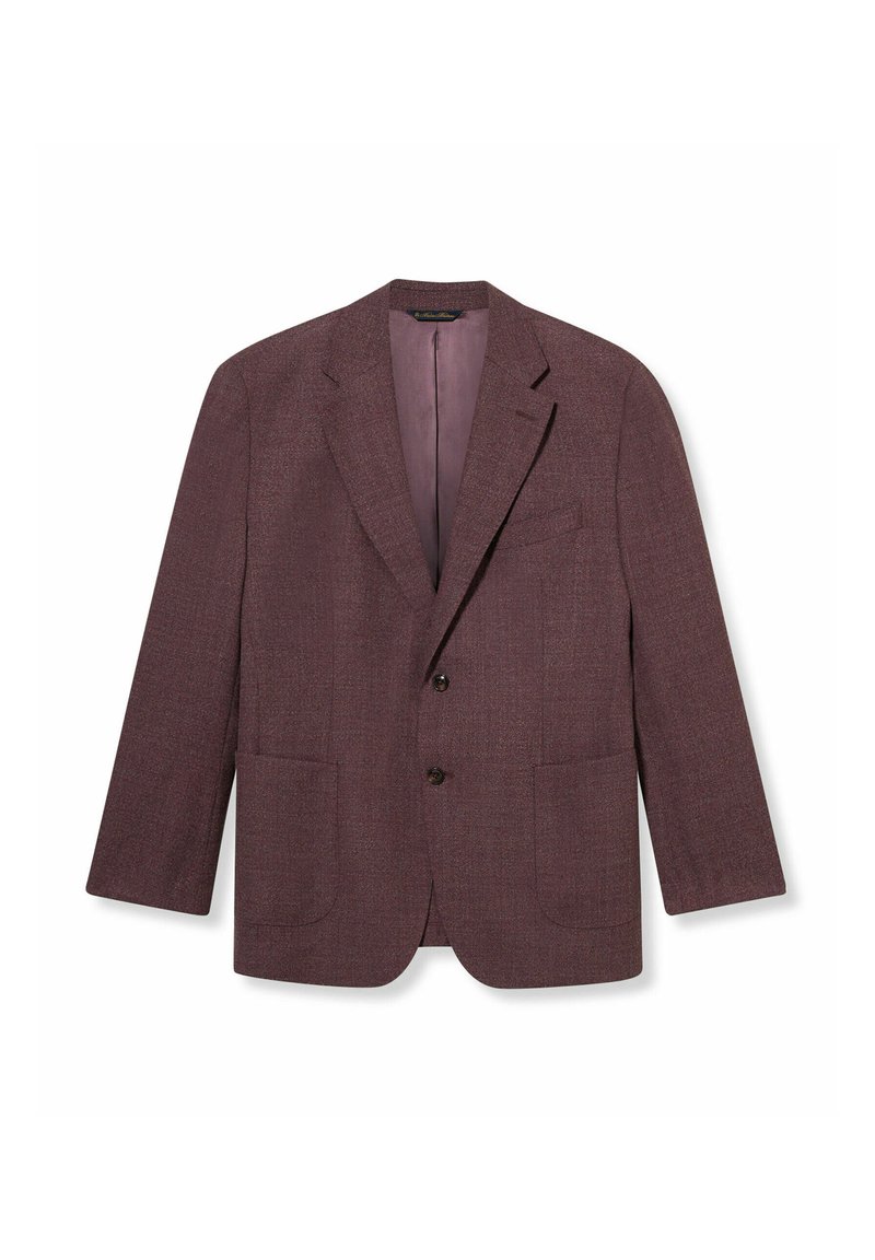 Bordowy wełniany blezer o dopasowanym kroju, z wyciętymi klapami, dwoma przednimi kieszeniami i zapięciem na dwa guziki. Wnętrze wykończone kontrastową podszewką.