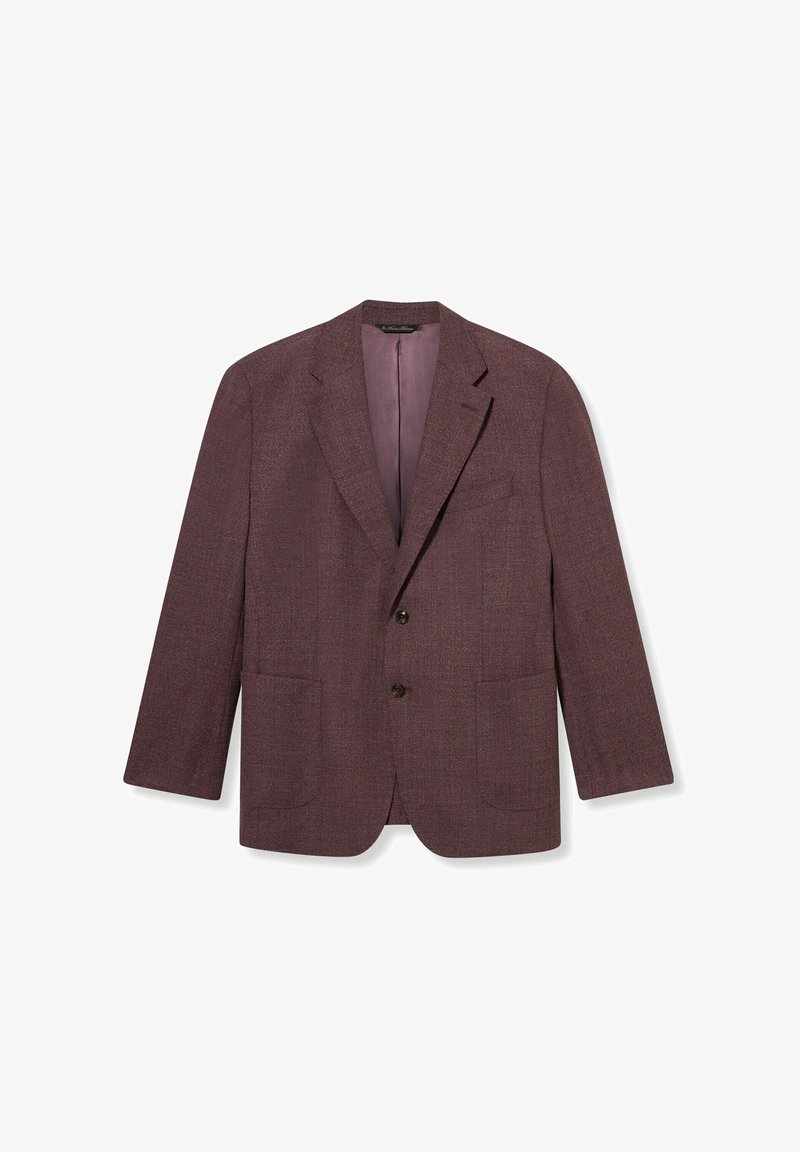 Bordowy wełniany blezer o dopasowanym kroju, z wyciętymi klapami, dwoma przednimi kieszeniami i zapięciem na dwa guziki. Wnętrze wykończone kontrastową podszewką.