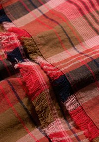 Rutede stof med mønstre i rød, pink, brun og marineblå. Kanterne har flossede kanter, hvilket tilfører tekstur til det lette materiale.