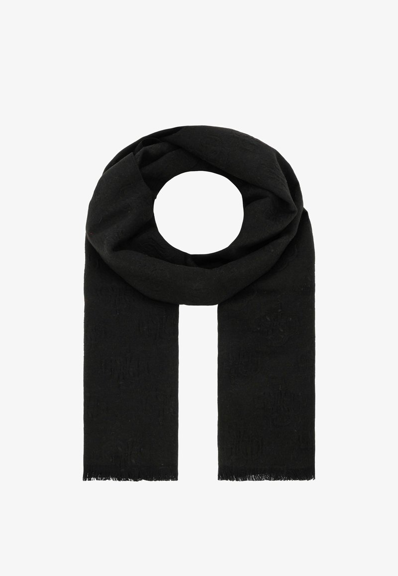 Sciarpa nera realizzata in un tessuto testurizzato, con un motivo impresso. Le estremità sono frangiate, con un drappeggio morbido e flessibile.