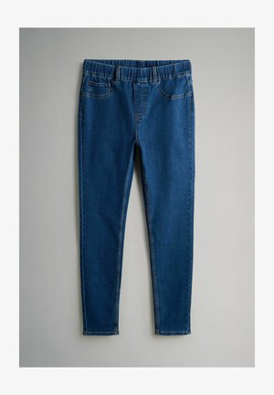 Hubené džíny v tmavě modré barvě s elastickým pasem, dvěma předními kapsami a jemnými švy podél švů.