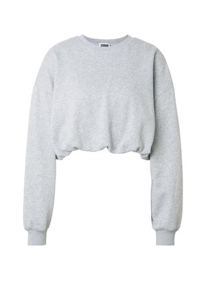 Sudadera gris claro recortada con mangas largas, puños acanalados, cuello redondo y dobladillo elástico fruncido.