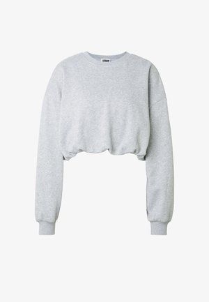 Sweat-shirt gris clair court avec manches longues, poignets côtelés, col rond et ourlet élastique froncé.