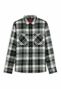 Zwart-wit geruite flanellen blouse met een knoopsluiting, twee borstzakken en een kraag. Beschikt over een gestructureerde stof met contrasterende patronen.