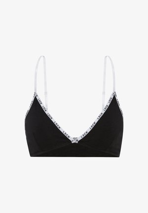 Black bralette with a V-neckline, thin white adjustable straps, and logo-printed elastic band along the edges for added detail.
