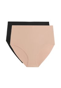 Höga trosor i svart och ljusrosa, gjorda av ett mjukt tyg, med full täckning och sömlös design.