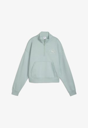Felpa pullover verde menta chiaro con mezza cerniera, tessuto morbido, tasca frontale a marsupio e logo ricamato sul petto.