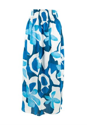 Gonna a righe blu e bianche con vita elastica arricciata, caratterizzata da forme floreali astratte in diverse tonalità di blu su uno sfondo bianco.