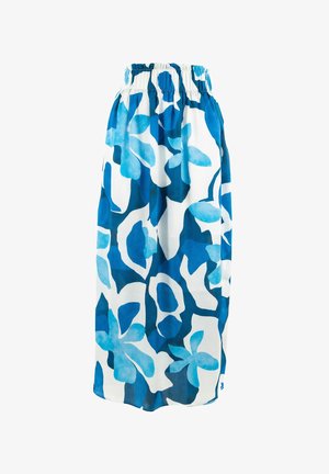 Blauw en witte gebloemde rok met een gathered elastische tailleband, met abstracte bloemvormen in verschillende tinten blauw op een witte achtergrond.