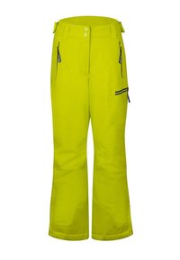 Helle gelbe Skihose mit geradem Bein, verstärkten unteren Einsätzen, zwei vorderen Reißverschlusstaschen und einer zusätzlichen Seitentasche.