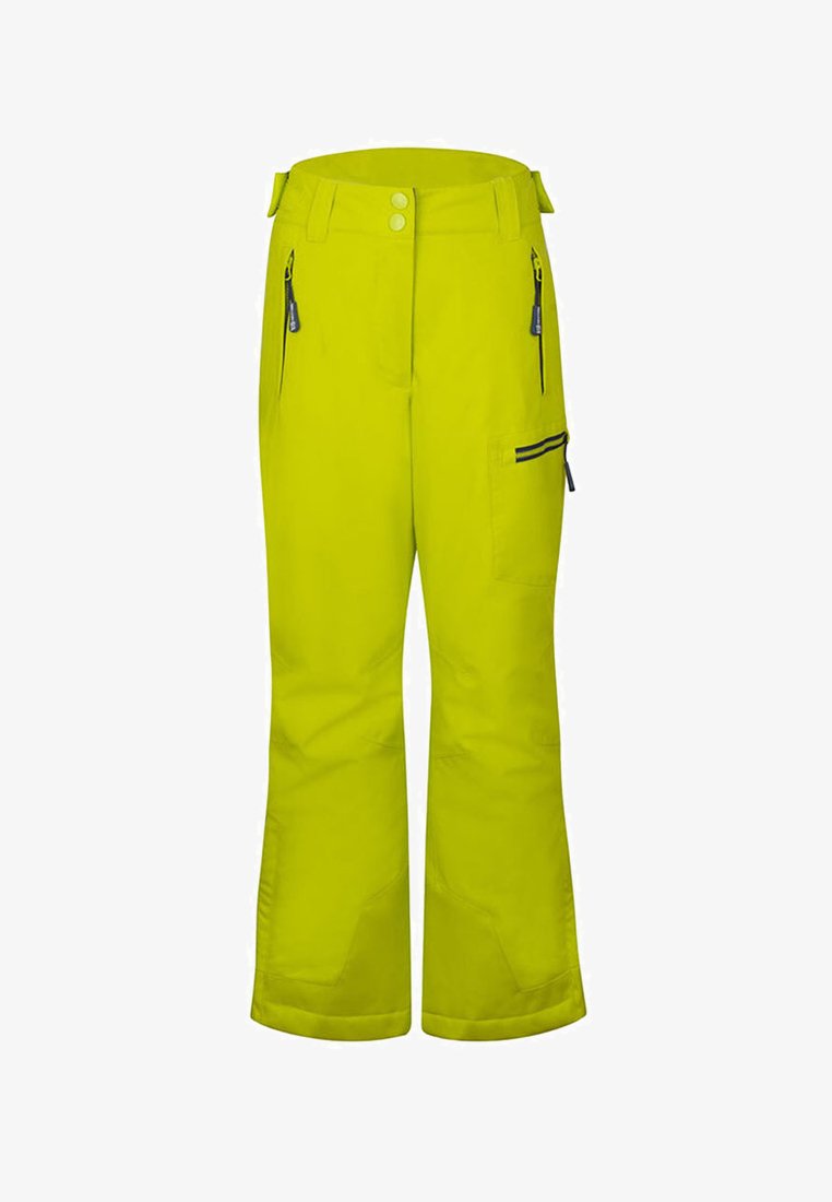 Helle gelbe Skihose mit geradem Bein, verstärkten unteren Einsätzen, zwei vorderen Reißverschlusstaschen und einer zusätzlichen Seitentasche.