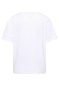 Witte katoenen T-shirt, korte mouwen, klassieke ronde hals, gladde textuur, minimalistisch ontwerp, met een subtiel logo op de achterkant.