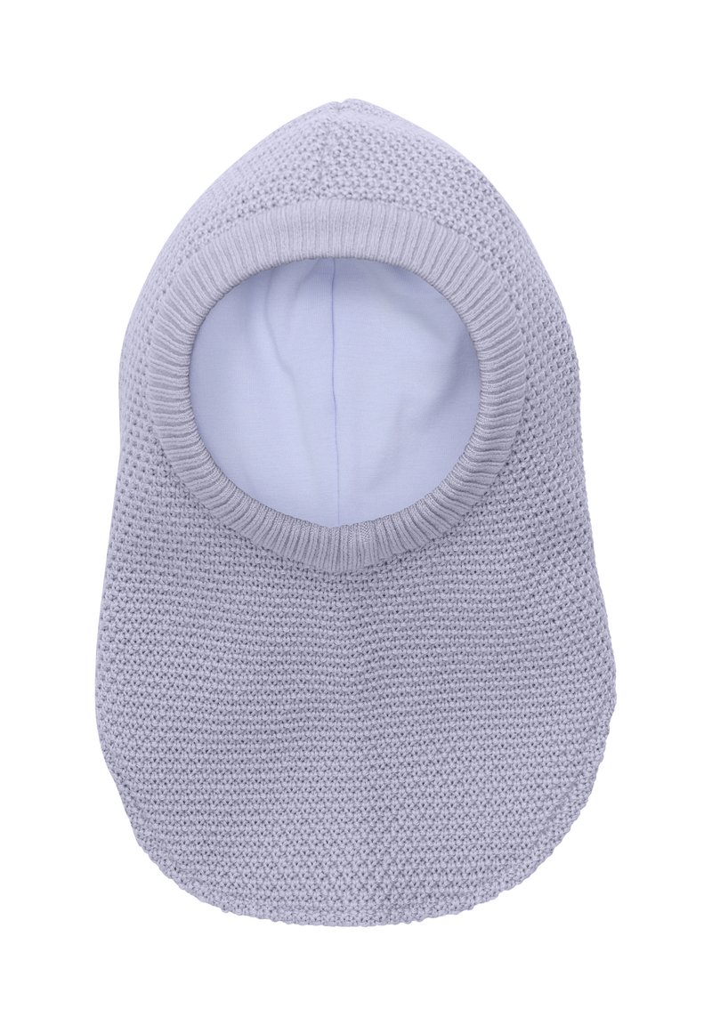 Ljuslila stickad balaclava med öppen ansiktsdesign och släta innerfoder. Texturerad utsida med elastiska kanter.