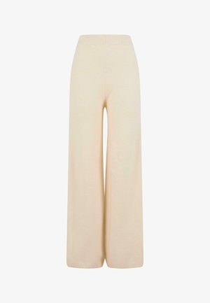 Kreemikarva laiad püksid, mis on valmistatud pehmest kangast, elastse vöökoha ja tekstuurse ribikujundusega pahkluude juures.