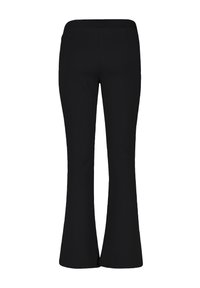 Pantalons noirs évasés en tissu lisse avec une taille mi-haute, comportant deux poches arrière et une coupe ajustée tout au long.