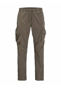 Pantalones cargo en verde oliva, hechos de una tela ligera. Presentan una cintura elástica, cordón y múltiples bolsillos laterales para mayor utilidad.