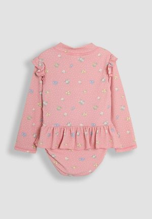 Langhängs, roze katoen bodysuit met bloemmotieven, ruches op de schouders en een peplum taille. Gestructureerde stof voegt detail toe.