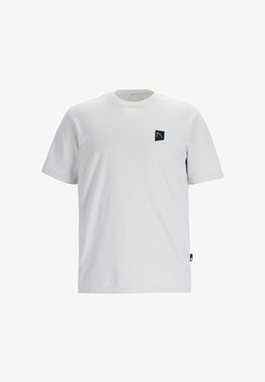 Balta medvilnės marškinėliai su apvaliu kaklu, trumpomis rankovėmis ir mažo juodo logotipo patele ant krūtinės. Lygus paviršius ir paprastas dizainas.