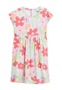 Robe d'enfants florale dans des couleurs pastel l�égères. Présente des manches courtes, un col rond et une taille froncée avec un motif coloré de fleurs.