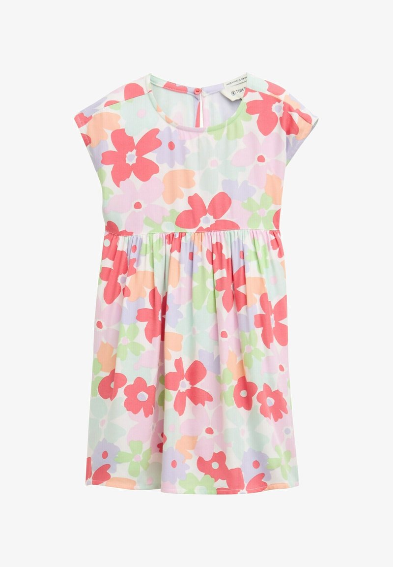 Cvjetna dječja haljina u svijetlim pastelnim bojama. Ima kratke rukave, okrugli izrez i nabrani struk s šarenim uzorkom cvijeća.