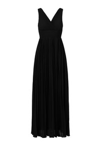 Zwarte, mouwloze maxidress met een V-hals, geplooide buste en vloeiende rok, gemaakt van lichtgewicht stof. Glad textuur, volledig lange ontwerp.