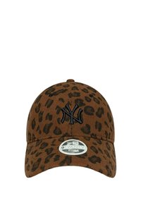 Cappello in corduroy marrone con logo ricamato nero, motivo a stampa leopardata, cinturino regolabile e visiera curva.