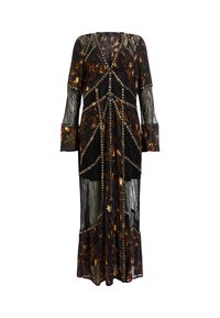 Longue robe florale noire et marron avec des panneaux en dentelle transparente, une bordure géométrique cloutée dorée, des manches longues et un profond décolleté en V.
