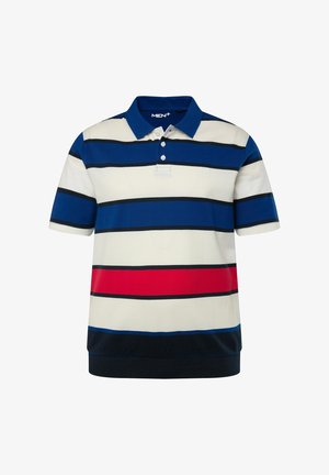 Polo con strisce orizzontali alternate in blu, bianco e rosso, con un accento nero, maniche corte e colletto classico.